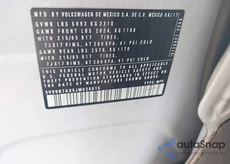 2018 Volkswagen Tiguan 2.0T S z USA, uszkodzony, nr VIN 3VV0B7AX5JM025815